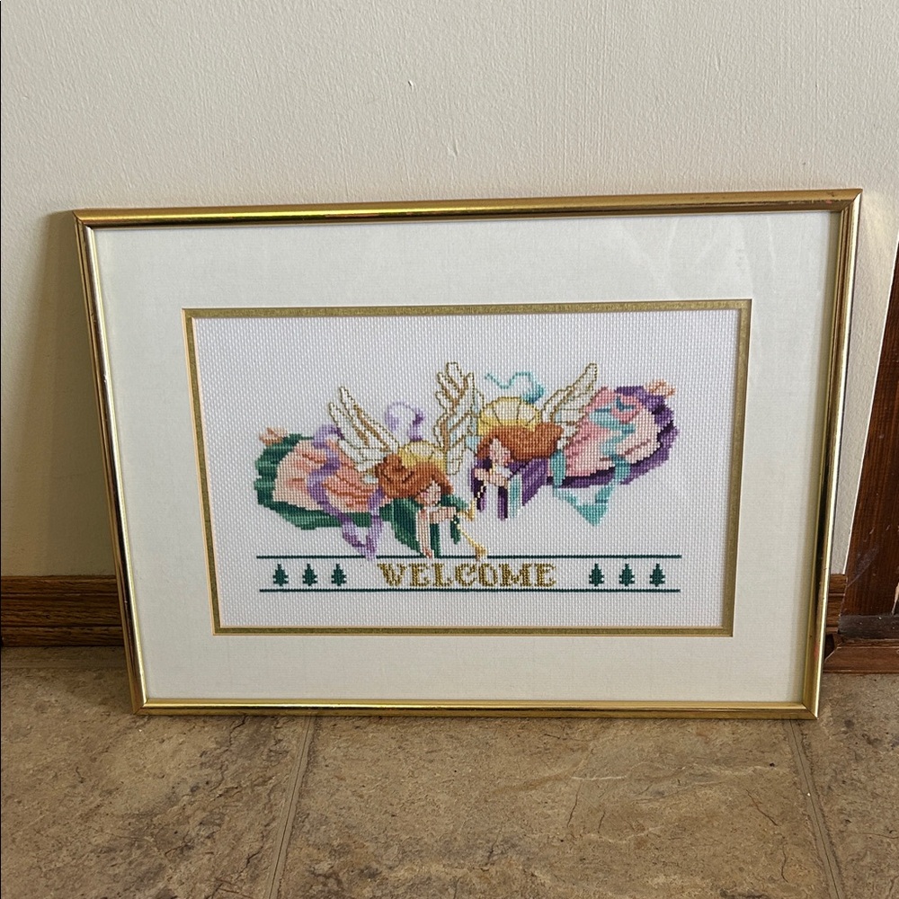 Framed Cross-Stitch 'Welcome' Floral Angel Artwork